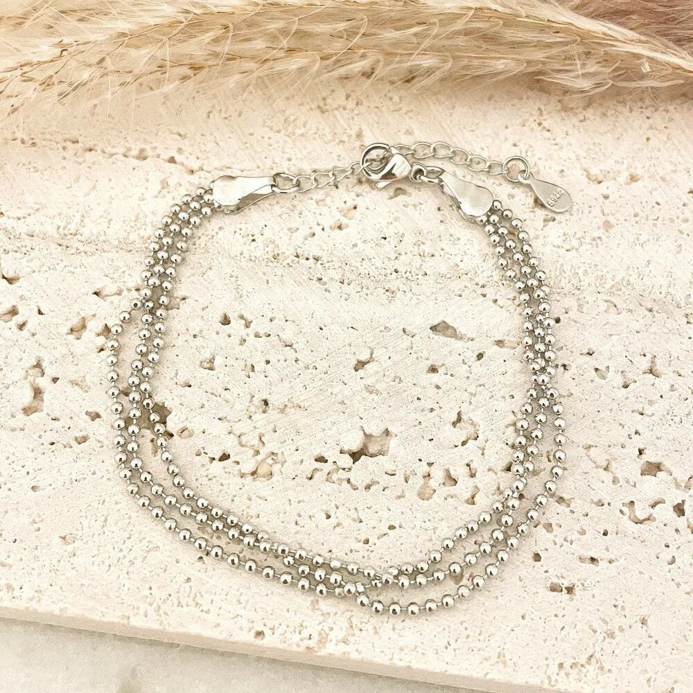 925 Sterling Silver Multi-Layer Bracelet Dainty Bead Bracelet Triple Layer Chain